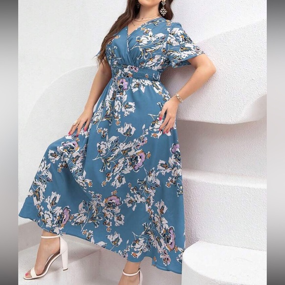 Floral Bubble Sleeve Shirred High Waist Maxi Dress